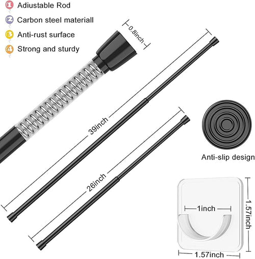 2 Pack Tension Rods Spring Tension Curtain Rod, 26 to 39 Inch Adjustable Black - Image 2