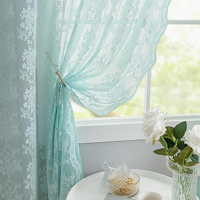 YJ YANJUN Vintage Lace Curtains 63 Inch Length-Victorian Floral Aqua Sheer - Image 2