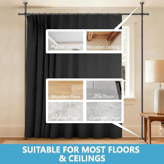 Jilron No-Drill Room Divider Curtain Set: Includes 106" W x 84" L Black Curtain - Image 8