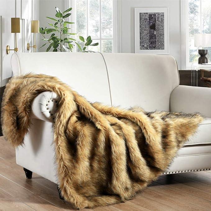 Luxury Plush Faux Fur Throw Blanket, Long Pile Golden Yellow by HORIMOTEHOME