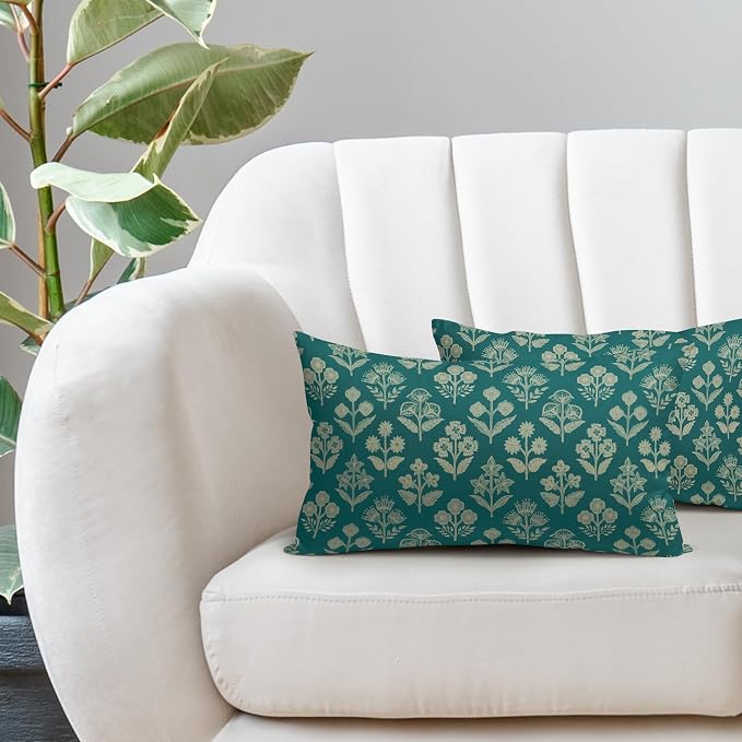 Teal Pillow Covers 12x20 Inch Set of 2, Cream Floral Block Print Pattern Lumbar - Image 5