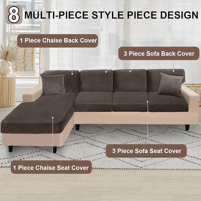 NAISI Sectional Couch Covers 8 Pieces Velvet Couch Cushion Covers L Shape Soft - Image 5