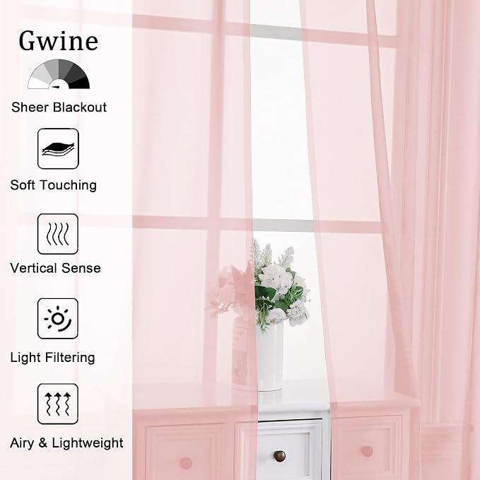 Gwine Blush Pink Sheer Curtains 72 Inches Long 2 Panels Set - Image 2