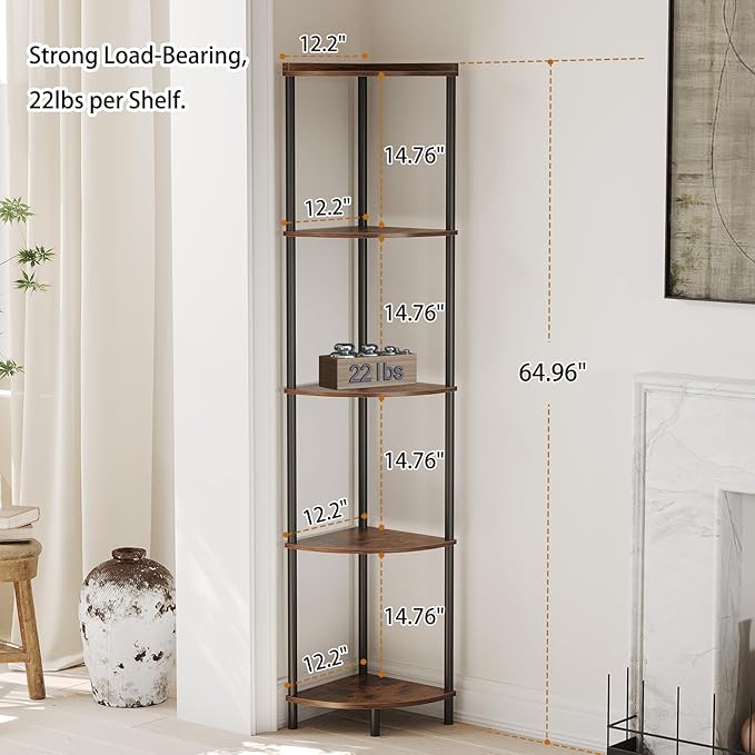 SUNMORY 5 Tier Corner Shelf Stand, Industrial 65" Corner Shelves Display Shelf - Image 2