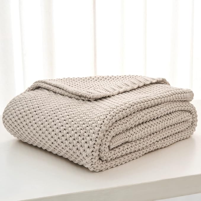 Chunky Cable Knit Throw Blanket Lightweight Beige 100% Organic Cotton Blanket - Image 4