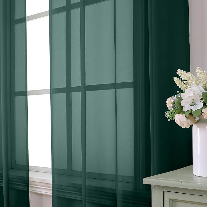 Aiyufeng Hunter Green Sheer Curtain Drapes 63 Inch Length 2 Panels - Image 2