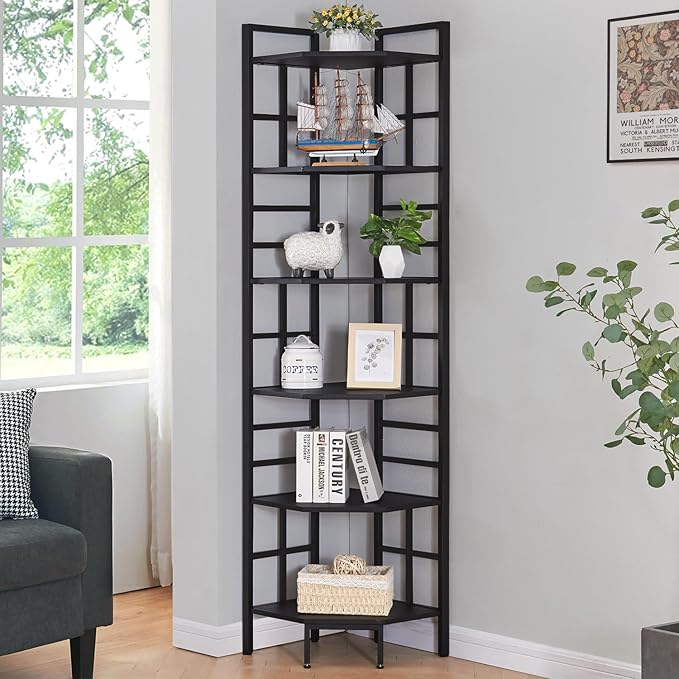 HOMISSUE Corner Shelf, 6 Tier Tall Narrow Bookshelf 76.9", Industrial Corner by Homissue