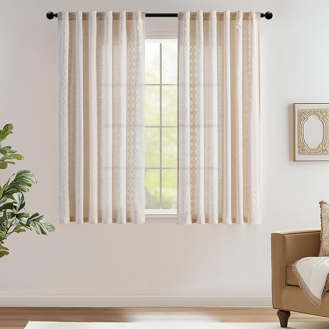 jinchan Boho Curtains Linen Blend Ivory Farmhouse Curtains 63 Inches Long - Image 2