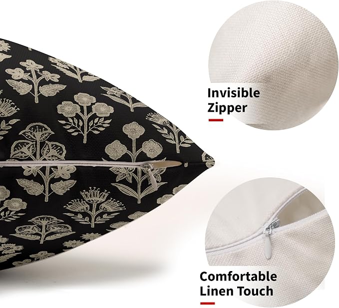 Black Pillow Covers 12x20 Inch Set of 2, Cream Floral Block Print Pattern - Image 2