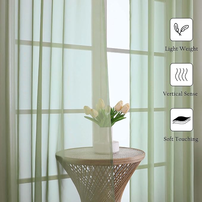 Lecloud Sage Green Sheer Curtains 63 Inch Length 2 Pcs, Dual Rod Pockets Light - Image 6