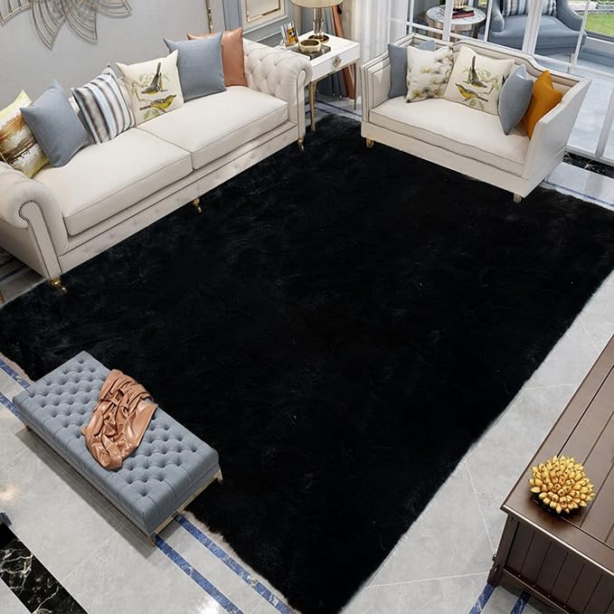 Latepis Black Area Rugs 8x10 Living Room Faux Rabbit Fur Rug Soft Washable by Latepis