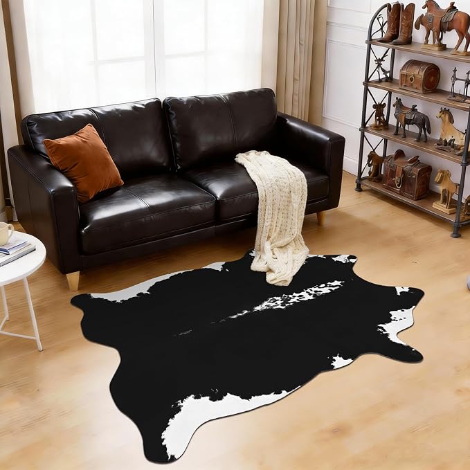 BENRON Small Cowhide Rug Black, Faux Cow Hide Rugs - Image 8