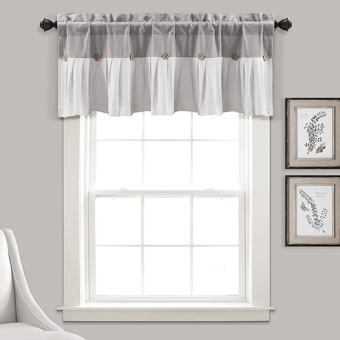 Lush Decor Linen Button Farmhouse Valance Curtians 52"W x 18"L Gray & Off White by LushDecor