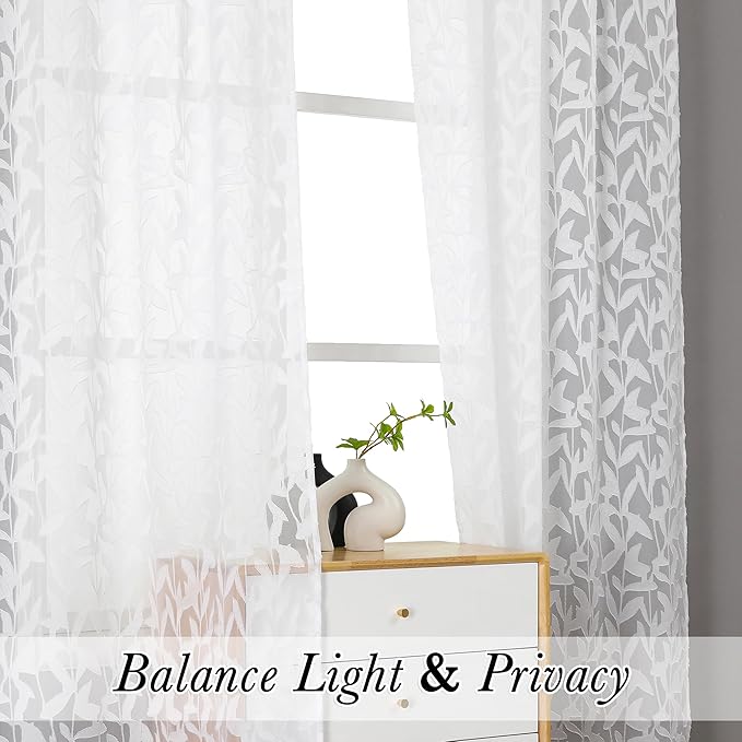 Lecloud Leia Bedroom White Sheer Curtains 96 Inches Long 2 Panels, Burnout - Image 4