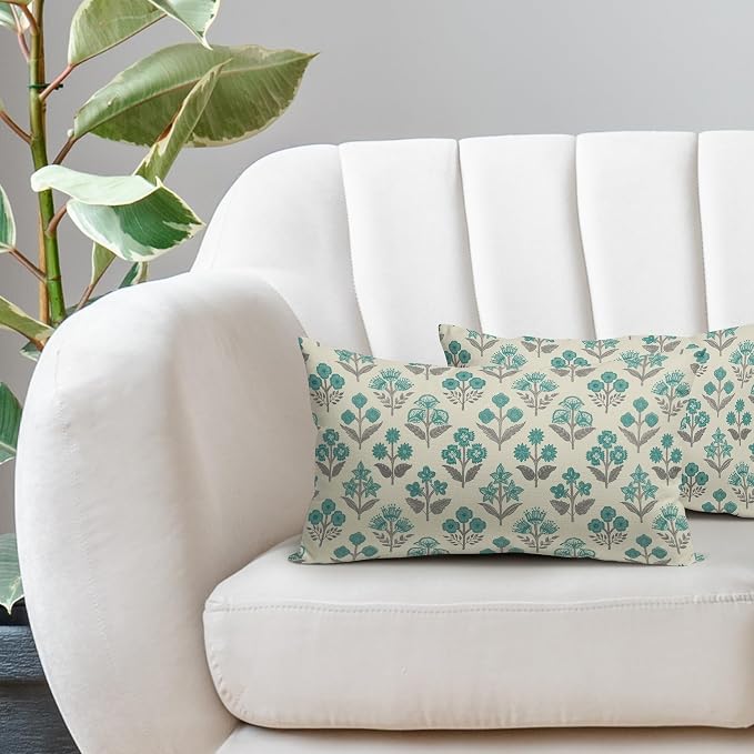 Teal Grey Gray Floral Pillow Covers 12x20 Inch Set of 2, Block Print Lumbar - Image 5