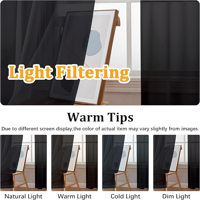 Gwine Black Sheer Curtain Tiers 24 Inch Length, Light Filtering Voile Short - Image 6