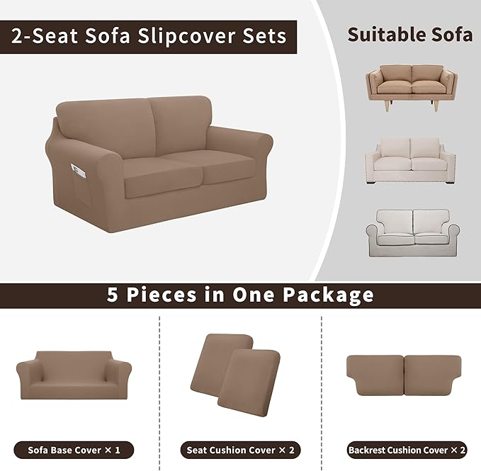 Easy-Going 5 Pieces Stretch Loveseat Cover Washable Loveseat Slipcover Set - Image 3
