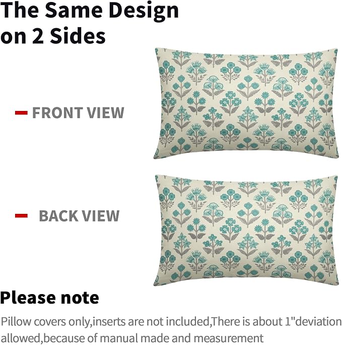Teal Grey Gray Floral Pillow Covers 12x20 Inch Set of 2, Block Print Lumbar - Image 4