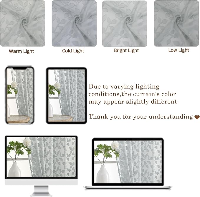 Chyhomenyc Light Grey Sheer Curtains 36 Inch Length, Light Filtering Leaf - Image 6