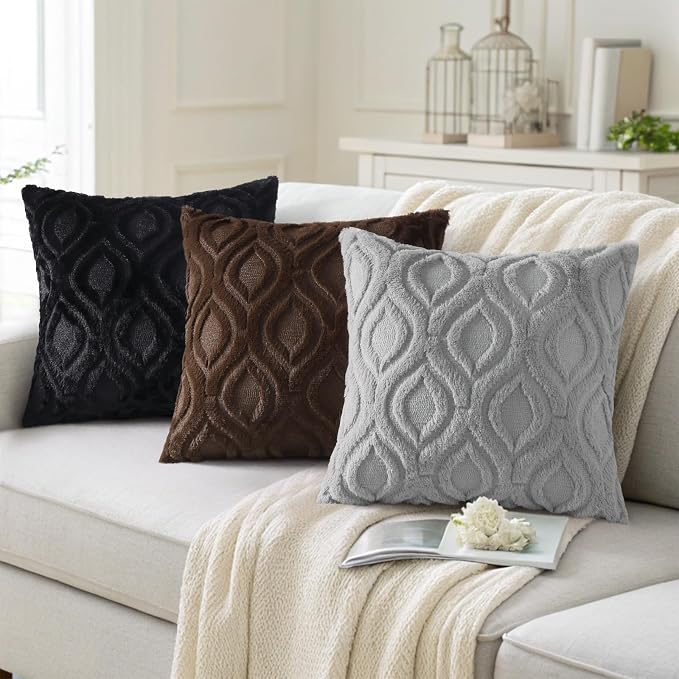 decorUhome Throw Pillow Covers 16x16 Inch Set of 2, Soft Plush Faux Wool Grey - Image 4