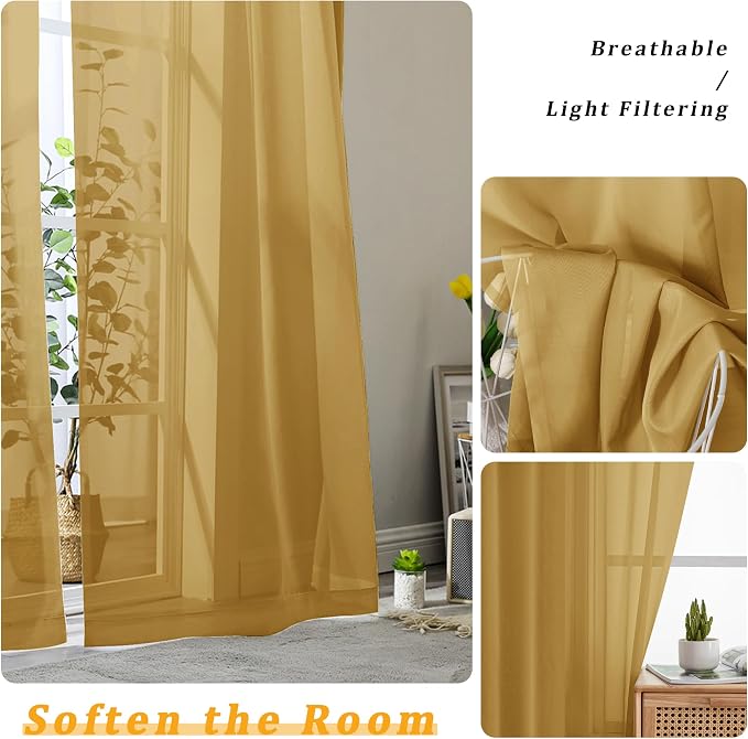 Gwine Gold Sheer Curtains for Living Room 45 inches Long, Short Voile Light - Image 3
