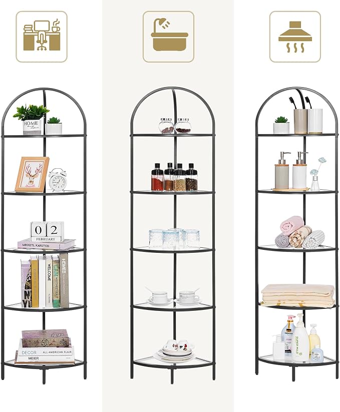 Homhedy 5-Tier Corner Shelf Stand, Metal Corner Bookshelf, Tempered Glass - Image 3