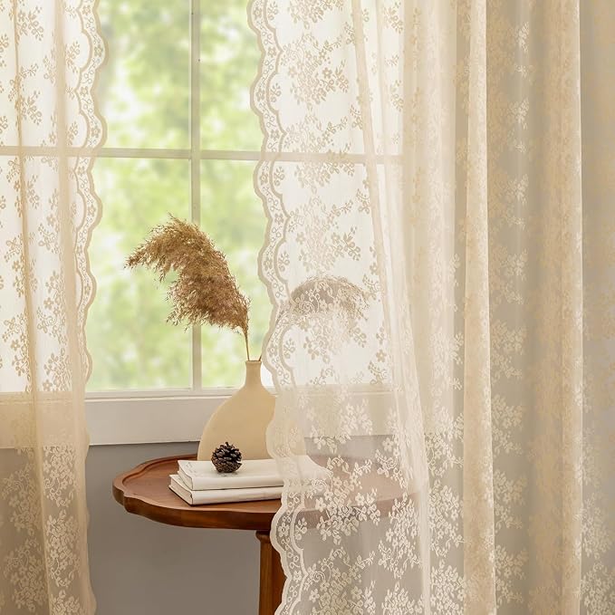 YJ YANJUN Vintage Lace Curtains 108 Inches Long-Victorian Floral Beige Sheer - Image 4