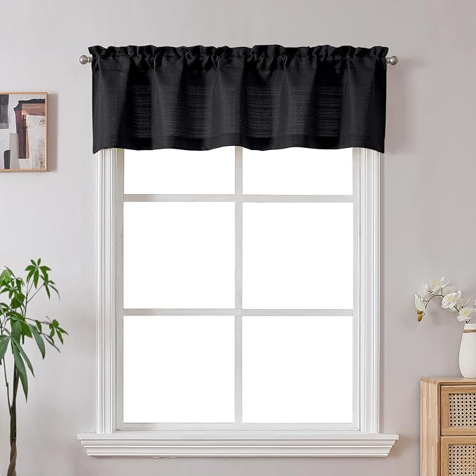 Gwine Black Valance for Windows, Light Filtering Faux Linen Textured Kitchen by Gwine