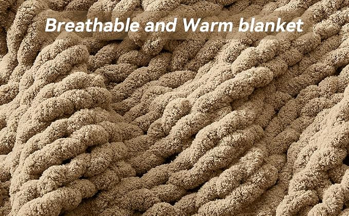 Negwoo Chunky Knit Throw Blanket, Handmade Light Brown Crochet Big Thick Blanket - Image 3