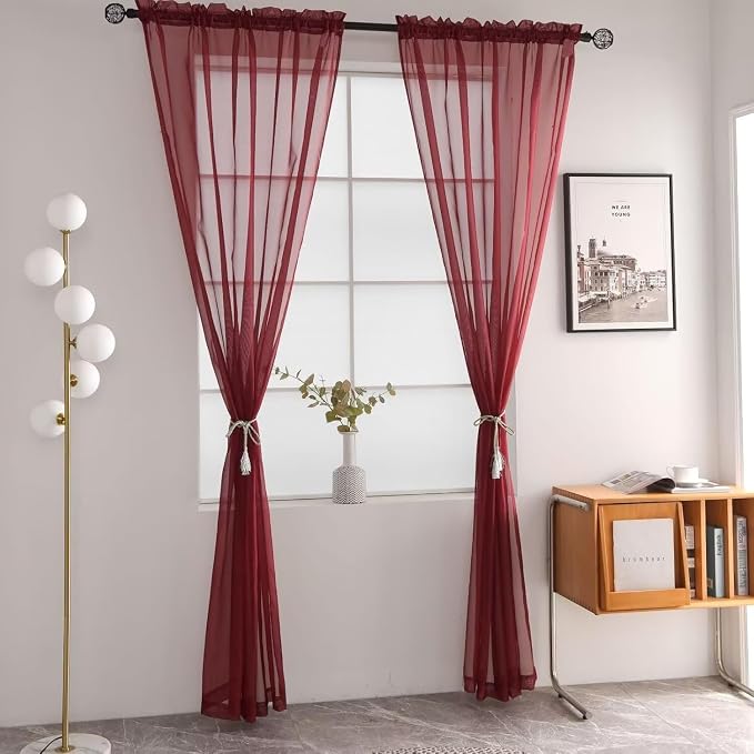 SpaceDresser Burgundy Sheer Curtains 4 Panels Rod Pocket Semi-Sheer Curtain 63 - Image 3