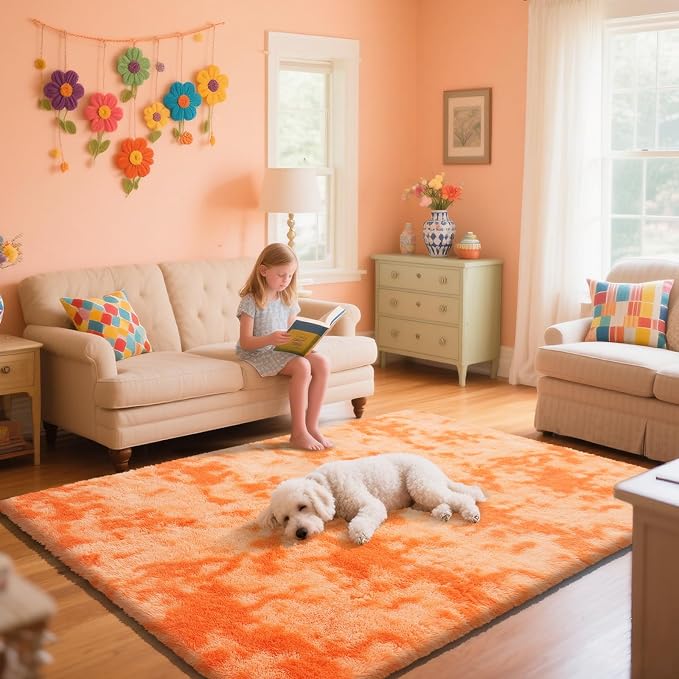 Mottling Orange Fluffy Rug Shaggy Area Rug, 4x6 Area Rugs - Image 4