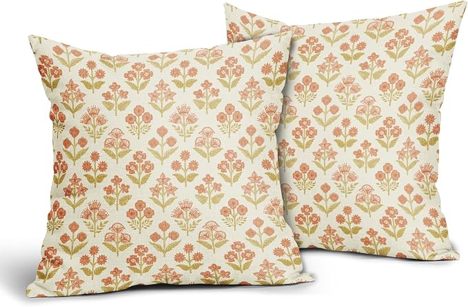 Orange Yellow Floral Block Print Pillow Covers 16x16 Inch Set of 2, Vintage - Image 2