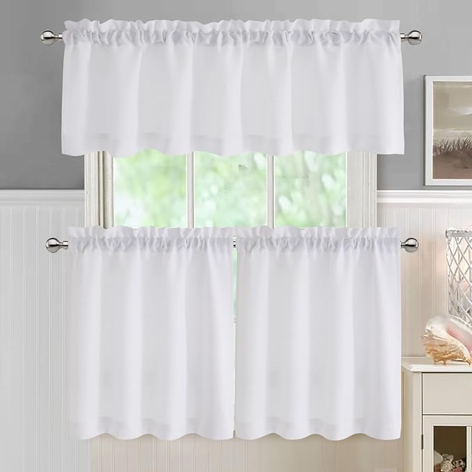 Chyhomenyc 2 Panels White Curtains 24 Inch Length Tier Curtain, Faux Linen - Image 2