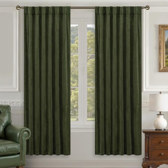 LAMIT Olive Green Velvet Blackout Curtains 78 Inch, Vintage Thermal Insulated by LAMIT