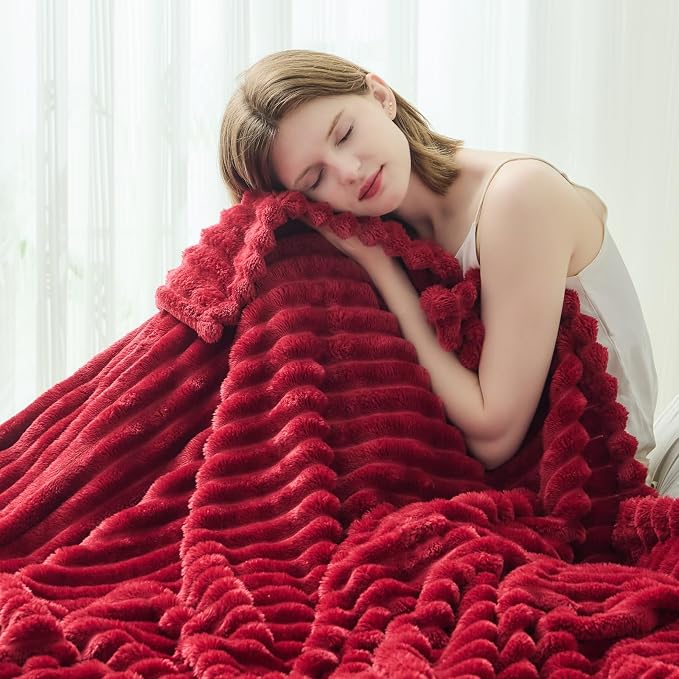 NEWCOSPLAY Super Soft Twin Blanket Red Premium Silky Flannel Fleece 3D Ribbed - Image 4