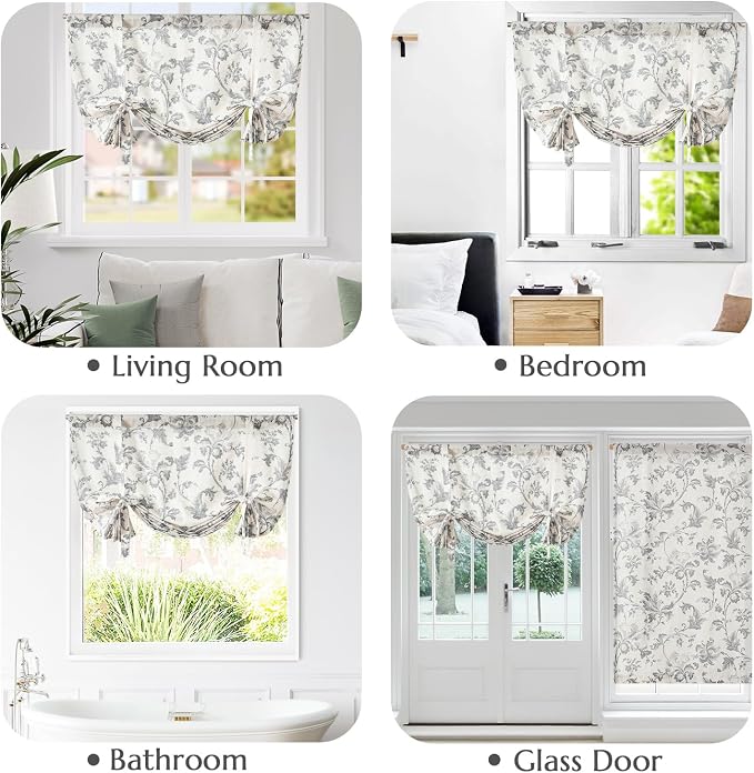 jinchan Tie Up Valance Curtain Floral Linen Gray - Image 9