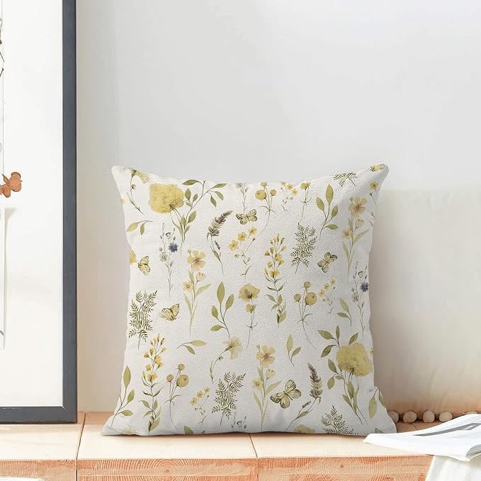 Spring Pillow Covers 20x20 Inch Set of 2, Mustard Yellow Green Wild Flower - Image 3