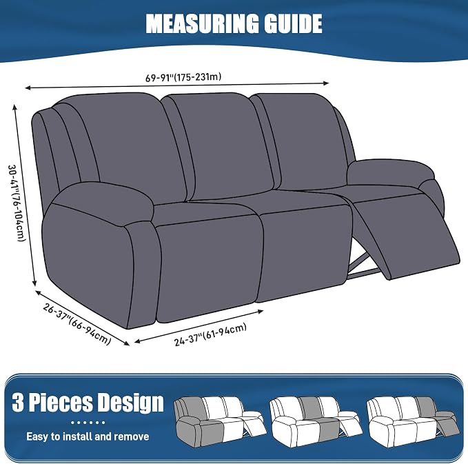 TAOCOCO Recliner Sofa Slipcover, 3 Pieces Polyester Fabric Stretch Sofa Covers - Image 4