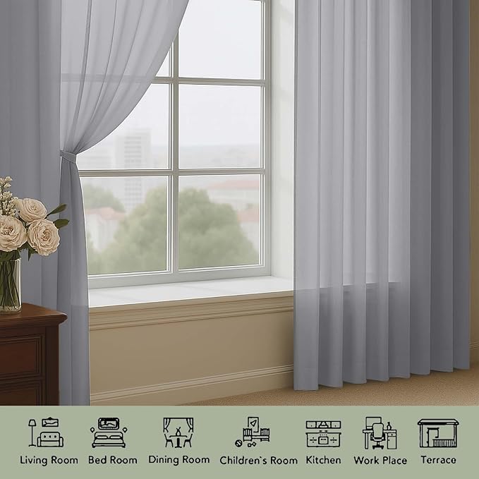 OWENIE Sheer Grey Curtains, Sheer Curtains 63 inch Length 2 Panels Set - Image 3