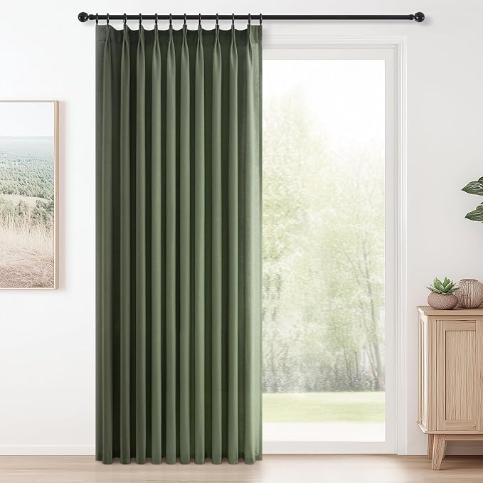 Topfinel 102 Inch Pinch Pleated Linen Curtains 1 Panels, Olive Green Semi Sheer by Topfinel