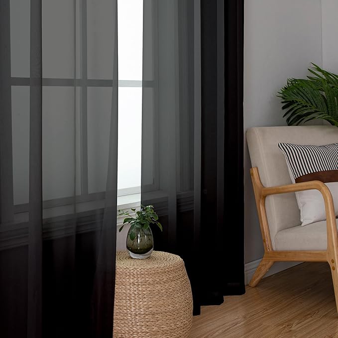Aiyufeng Black Sheer Curtains 63 Inches Long Light Weight Soft Semi Voile Drapes - Image 5