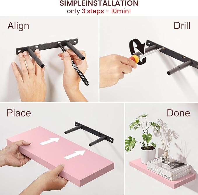 BAYKA Pink Floating Shelves for Wall – 15.7in Wood Wall Shelves for Bathroom - Image 5