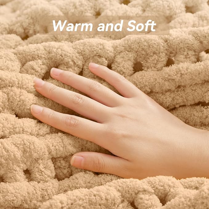 Negwoo Chunky Knit Throw Blanket, Handmade Beige Crochet Big Thick Blanket - Image 7