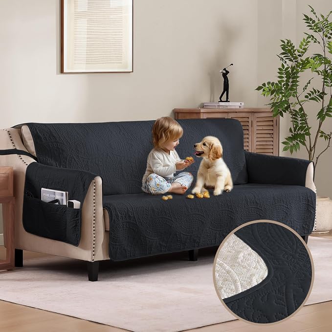 Soft Quilted Couch Cover, Medallion Designed Anti-Slip Blue Gray Sofa Slipcovers by Pamhaven