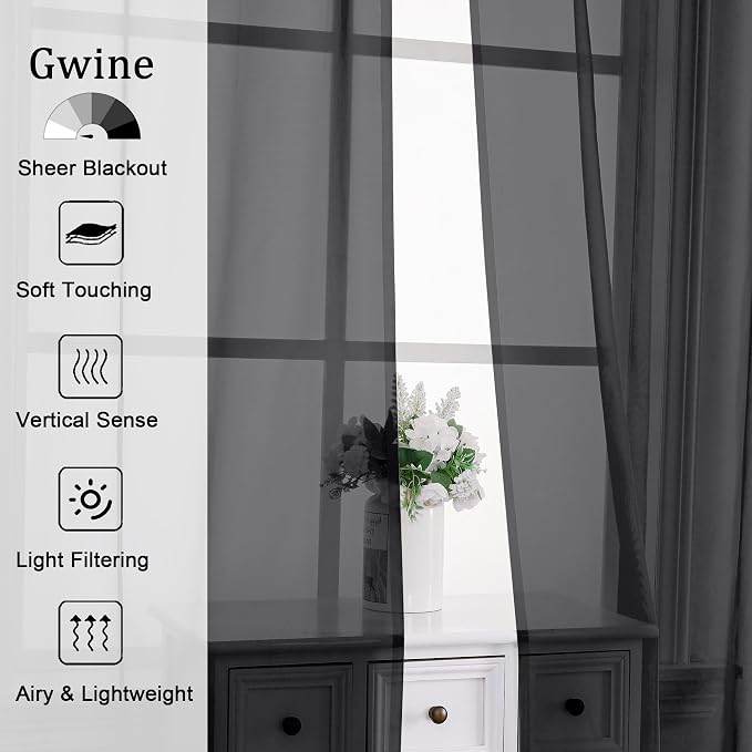 Gwine Black Sheer Curtains 72 Inches Long 2 Panels, Light Filtering Sheer - Image 2