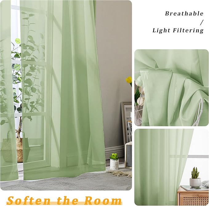 Gwine Light Green Sheer Curtains 63 Inch Length - Image 3