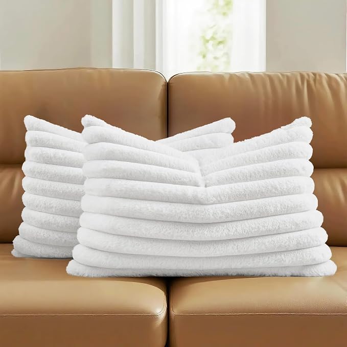 FUTEI White Decorative Throw Pillow Covers Set of 2, 12x20 Inch Soft Fluffy by FUTEI