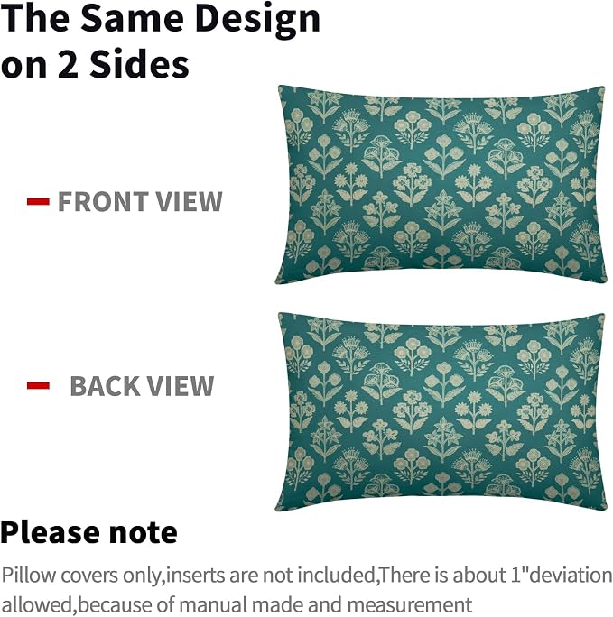 Teal Pillow Covers 12x20 Inch Set of 2, Cream Floral Block Print Pattern Lumbar - Image 4