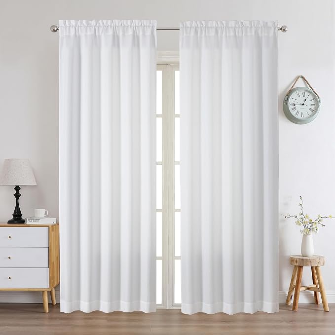 Chyhomenyc White Curtains 90 Inch Length 2 Panels Set, Faux Linen Textured Semi by Chyhomenyc