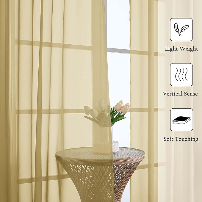 Lecloud Gold Sheer Curtains 63 Inch Length 2 Panels, Rod Pockets Window - Image 5